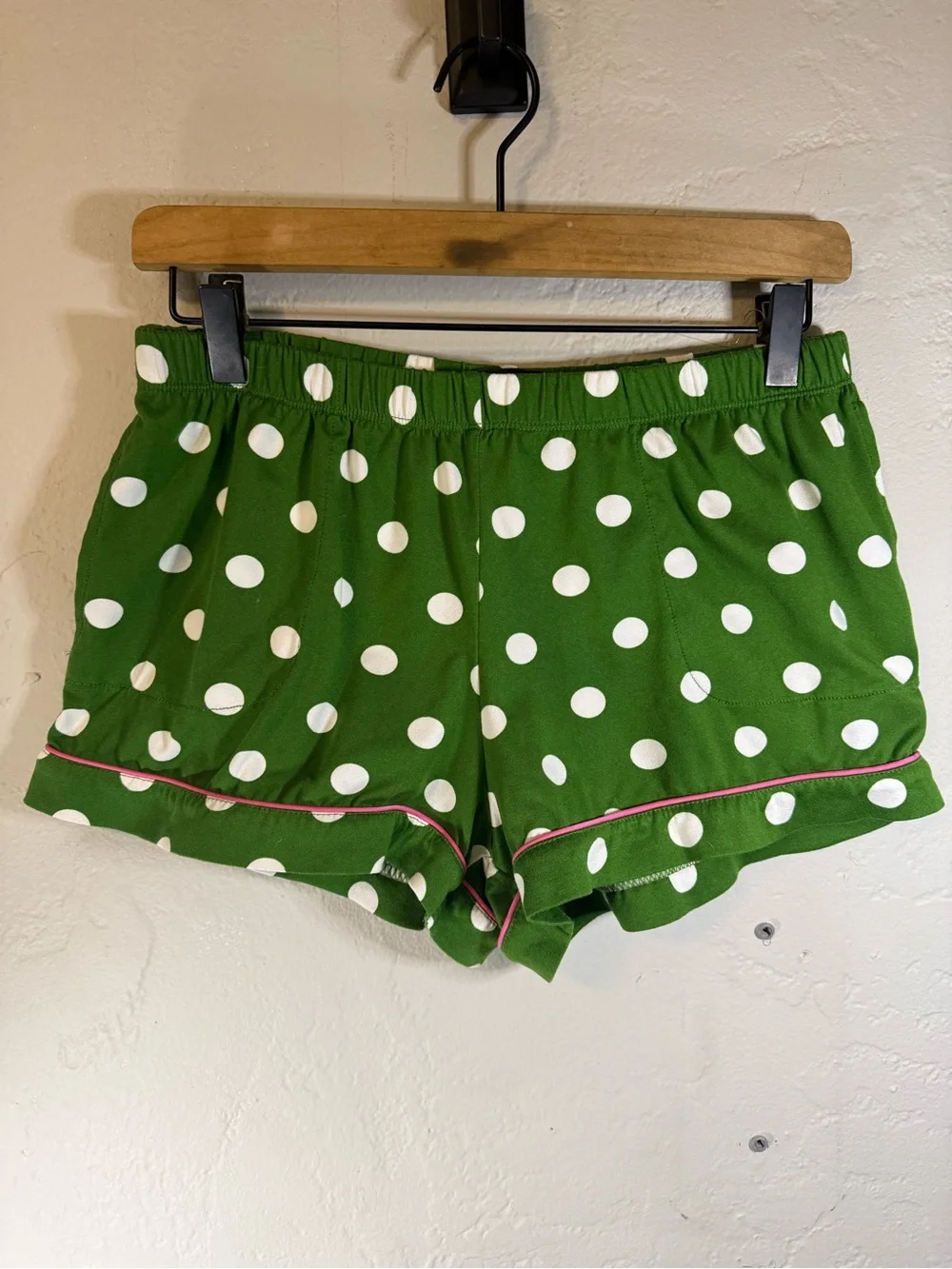 Kate Spade Green & White Polka Dot Short Pajama Set with Pink Trim